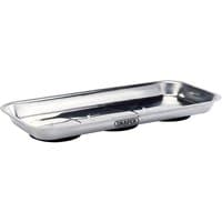 Stainless steel magnetic parts tray by Draper, rectangular with raised edges and black rubber base.