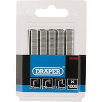 Draper 10mm staples pack of 1000, silver metal, in clear plastic case with blue and black label.