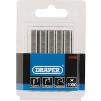 Pack of 1000 Draper 12mm staples in clear plastic case with blue and black label.
