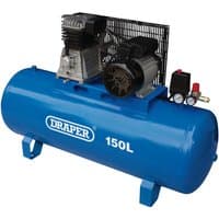 Blue Draper stationary belt-driven air compressor, 150L tank, 2.2kW motor, with pressure gauges and control panel.