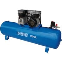 Blue Draper stationary belt-driven air compressor, 200L tank, 2.2kW motor, with pressure gauges and control valves.