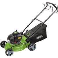 Green Draper steel deck petrol lawn mower, 420mm, 132cc, with black handle and wheels, side discharge chute.