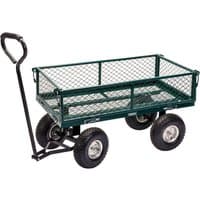 Green Draper steel mesh gardener's cart with black handle and four large rubber wheels.