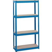 Blue Draper steel shelving unit with four wooden shelves, dimensions L760 x W300 x H1520mm.