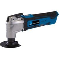 Blue and black Draper Storm Force 10.8V oscillating multi-tool with a silver head and triangular blade attachment.