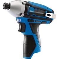 Blue and black Draper Storm Force cordless impact driver with silver 1/4" hex head and ergonomic grip.