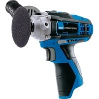 Blue and black Draper Storm Force 10.8V mini polisher with ergonomic grip and round polishing pad attachment.