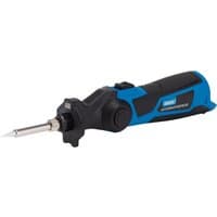 Blue and black Draper Storm Force 10.8V cordless soldering iron with ergonomic grip and pointed metal tip.