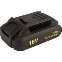 Black 18V lithium-ion battery with yellow text, compact design, and a slide-on connector for Draper Storm Force drills.