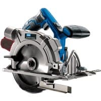 Blue and silver Draper Storm Force 20V circular saw with ergonomic handle and adjustable cutting guide.