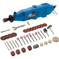 Blue Draper Storm Force rotary multi-tool with accessories, including sanding discs, drill bits, and wrench.