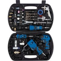 Black plastic case with blue and silver air tools, sockets, and accessories, including wrenches and a blow gun.