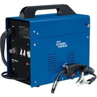 Blue Draper Storm Force gasless MIG welder, 150A, with black handle, control knobs, and attached welding torch.