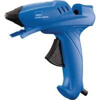 Blue Draper Storm Force glue gun, 100W, ergonomic handle, black trigger, includes 6 glue sticks.