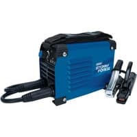 Blue Draper Storm Force MMA Inverter Welder, 120A, with black handle, dual cables, and compact design.