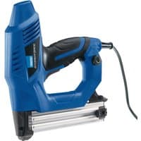 Blue Draper Storm Force Nailer/Stapler with ergonomic black grip and silver nail magazine, corded design.