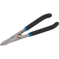 Draper jewellers snips, 175mm, with straight silver blades and black rubber grips with blue accents.
