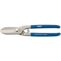 Draper Straight Tinman's Shears, 250mm, silver blades with blue handles and safety warning text.