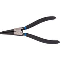 Black-handled Draper straight tip external circlip pliers, 180mm, with silver metal jaws and blue accents.