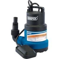 Blue and black Draper submersible water pump with float switch, cylindrical design, and top handle.