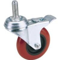 Draper polyurethane wheel with brake, 75mm diameter, red tire, silver swivel bolt fixing, supports 70kg.