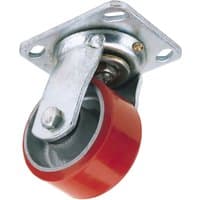 Heavy duty red polyurethane wheel with silver swivel plate, 125mm diameter, supports up to 300kg.
