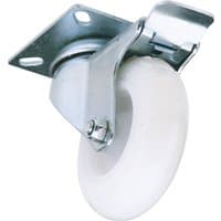 Swivel plate fixing nylon wheel with brake, 75mm diameter, silver metal bracket, white wheel, by Draper.