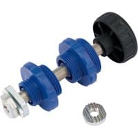 "Draper tap reseating tool with blue plastic body, black handle, and metal fittings, includes a serrated metal ring"