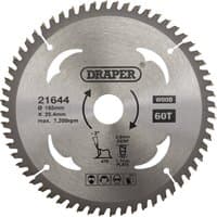 Draper TCT circular saw blade, 185mm diameter, 60 teeth, silver with black text and logos, central hole.