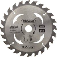 Circular saw blade, silver with 24 teeth, Draper logo, 165 x 20mm size, labeled for wood cutting.