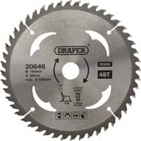 Circular saw blade by Draper, silver, 165 x 20mm, 48 teeth, labeled with brand and specifications.