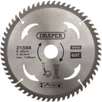 Circular saw blade by Draper, silver with 60 teeth, 185 x 25.4mm, labeled for wood cutting.