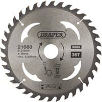 Circular silver Draper saw blade for wood, 210 x 30mm, 36 teeth, with branding and specifications engraved.