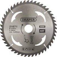 Draper TCT circular saw blade, silver, 210 x 30mm, 48 teeth, labeled for wood cutting, with central hole.