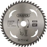 Silver Draper TCT circular saw blade for wood, 250 x 30mm, 48 teeth, with logo and specifications on surface.