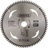 Silver Draper TCT circular saw blade for wood, 250 x 30mm, 80 teeth, with brand logo and specifications.