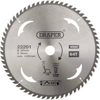 Draper TCT circular saw blade, silver, 305 x 30mm, 64 teeth, with black text and logo on surface.
