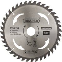 Silver Draper TCT circular saw blade, 216 x 30mm, 40 teeth, with engraved specifications and logo.