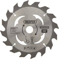 "Draper TCT circular saw blade, 165 x 20mm, 16 teeth, silver with black text and logo, designed for wood and composites"
