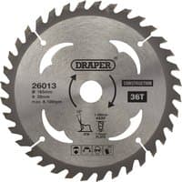 Circular saw blade, silver with 36 teeth, Draper logo, 165 x 20mm size, labeled for wood and composites.