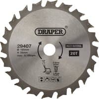 Silver Draper TCT circular saw blade, 165mm diameter, 20 teeth, central hole, black text and icons on surface.