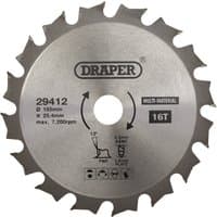"Draper TCT circular saw blade, 185 x 25.4mm, 16 teeth, silver with black text and directional arrow"
