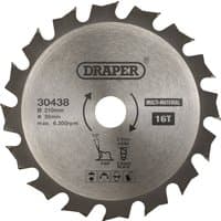 Draper TCT circular saw blade, 210 x 30mm, 16 teeth, silver with black text and logo, multi-material use.