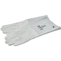 White Draper TIG Welders Gloves with long cuffs and printed safety markings on the back.