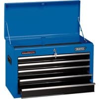 Blue Draper tool chest with five black drawers, 26-inch width, metal handles, and a lockable top compartment.
