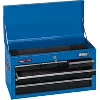 Blue Draper tool chest with six drawers, 26-inch width, metal handles, and a hinged top lid.