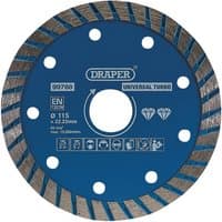 Blue Draper Turbo Diamond Blade, 115mm, with segmented edge and multiple holes for cooling and attachment.