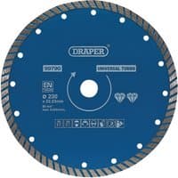 "Draper Turbo Diamond Blade, 230mm, blue with silver serrated edge and central mounting hole"
