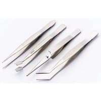 Four silver Draper tweezers with varied tips, including flat, pointed, and angled, on a white background.