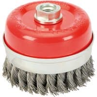 Red and silver Draper Twist Knot Wire Cup Brush, 100mm, with twisted steel bristles and M14 threaded hole.